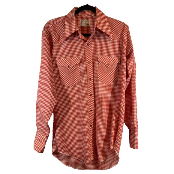 Wrangler Other - VTG Wrangler Red Check Pearl Snap Shirt Long Tails Single Needle 15.5 33 D25